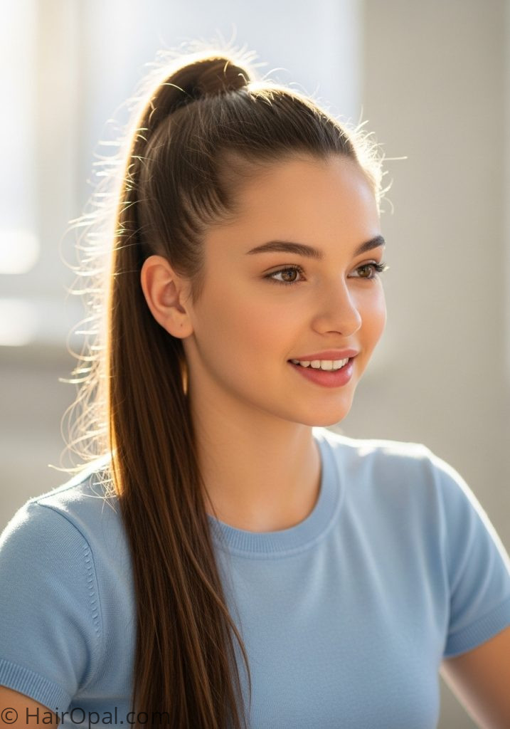 Teenage girl with high ponytail hairstyles for school long hair