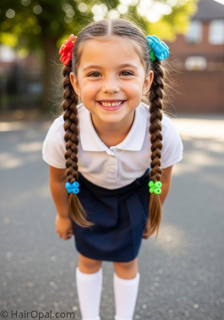 Young girl with braided pigtails hairstyles for school kids