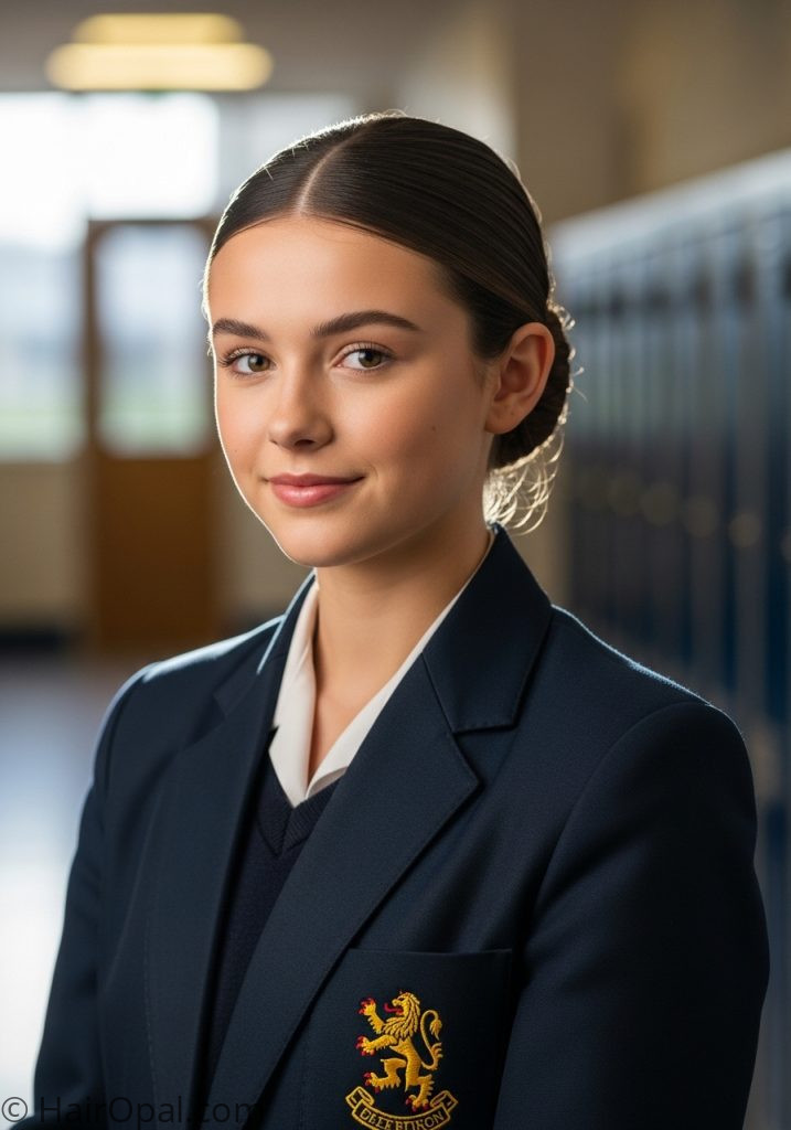 Teenage girl with sleek low bun hairstyles for school up