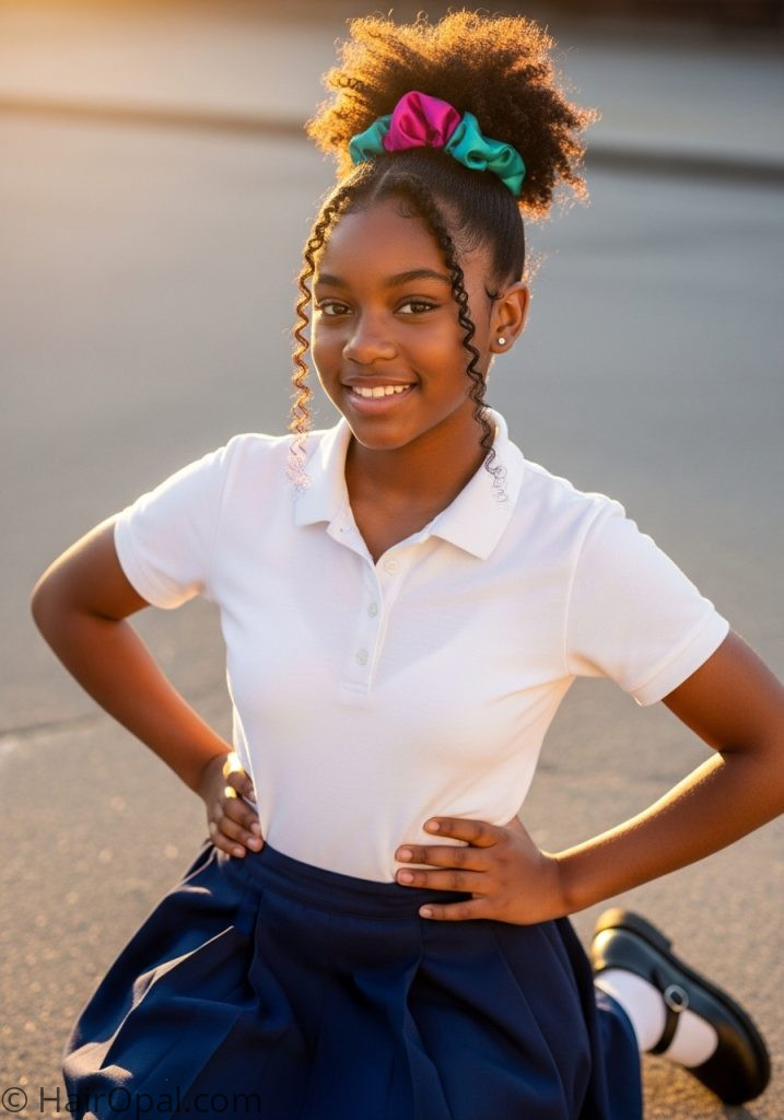 Black teenage girl with natural hair puff hairstyles for school natural hair