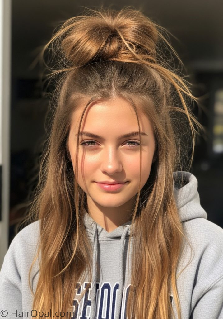 Teenage girl with casual top knot hairstyles for school easy long hair
