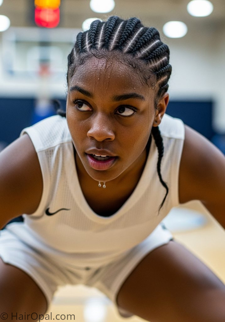 Black young woman with cornrows basketball hairstyles sports basketball black active braids