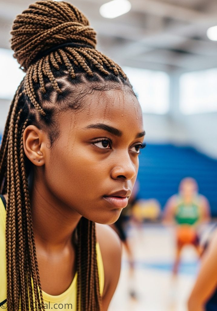 Black young woman with box braids hairstyles sports black active braids curly hair