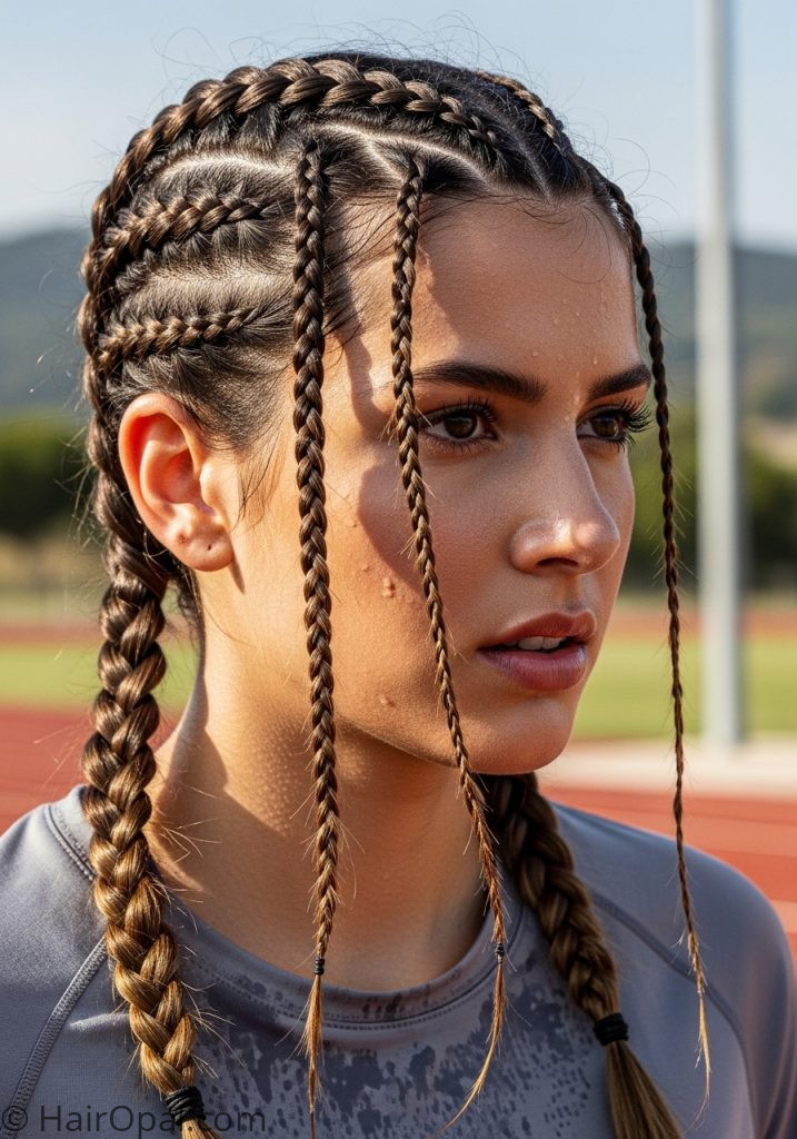 Young woman with braided pigtails hairstyles sports braids active easy