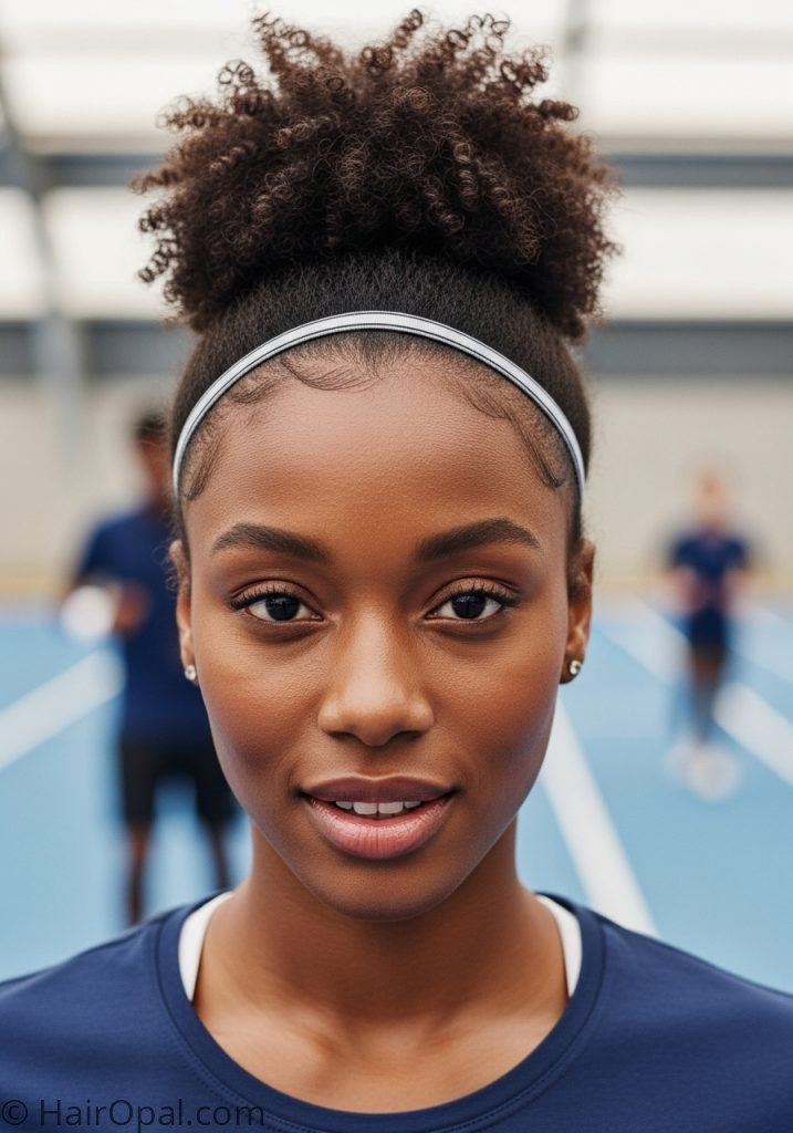 Black young woman with natural puff headband hairstyles sports curly hair active black easy