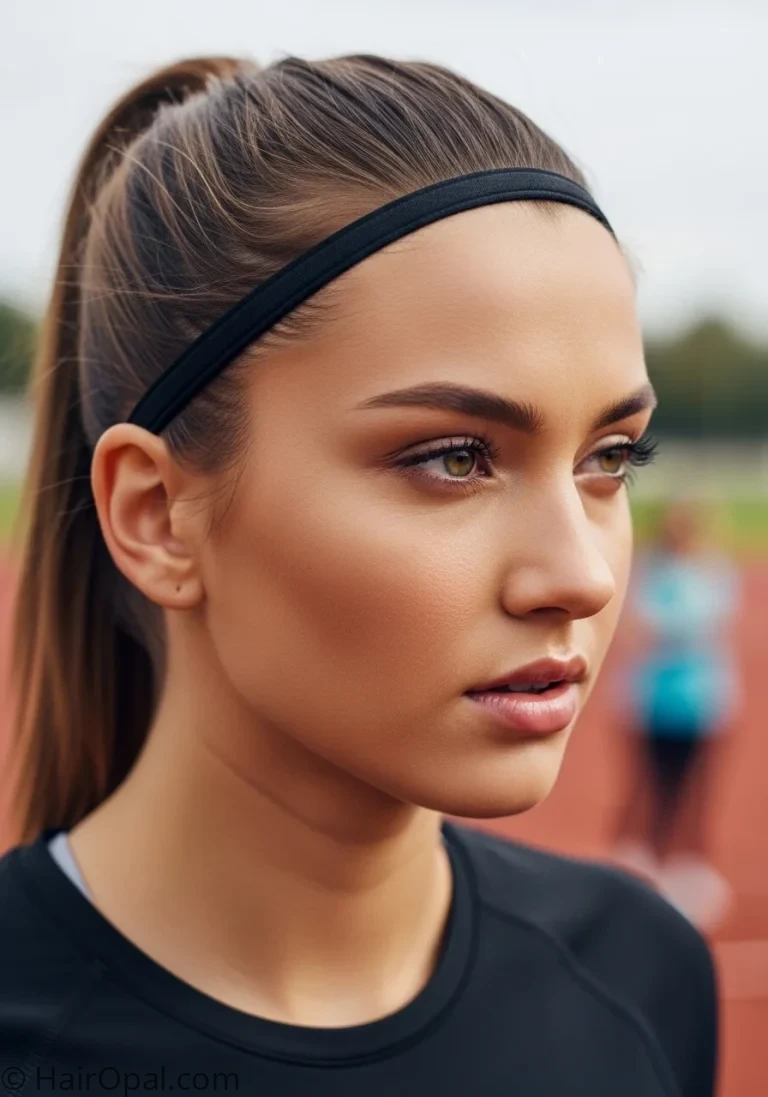hairstyles sports young woman with high ponytail headband athletic gear active