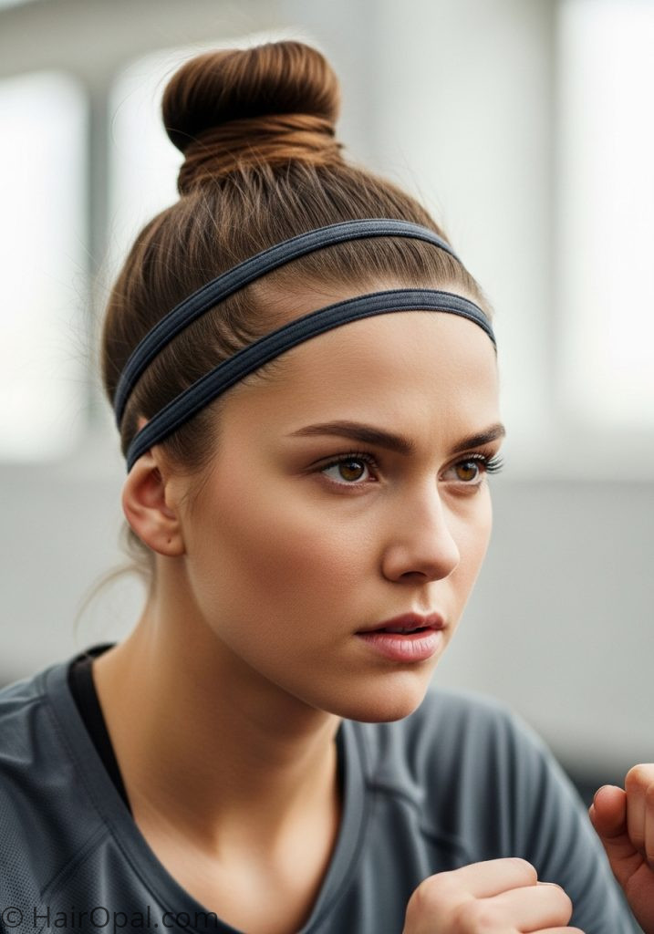 Young woman with high bun headband hairstyles sports bun easy no braids active