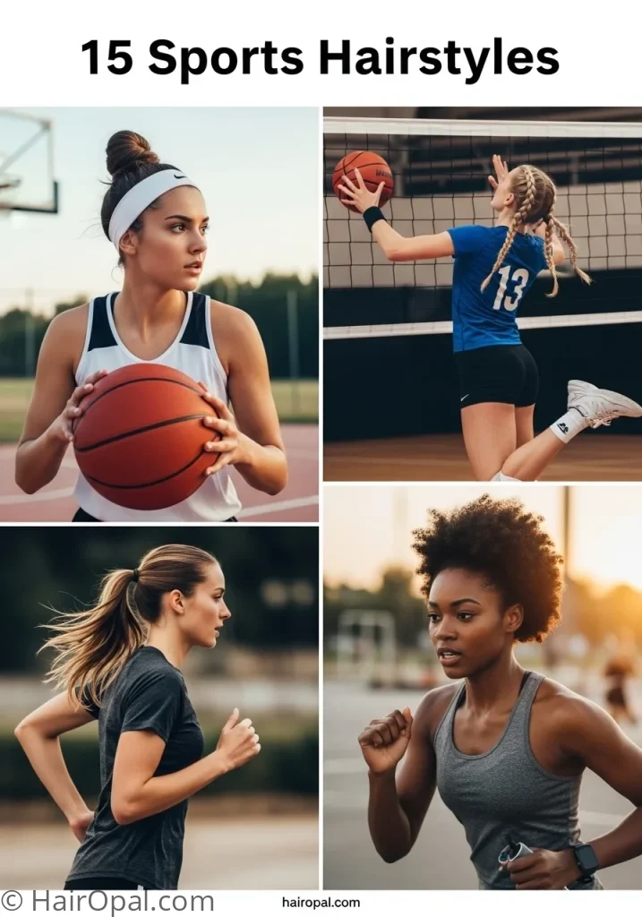 Collage of four sports hairstyles athletes with text 15 sports hairstyles