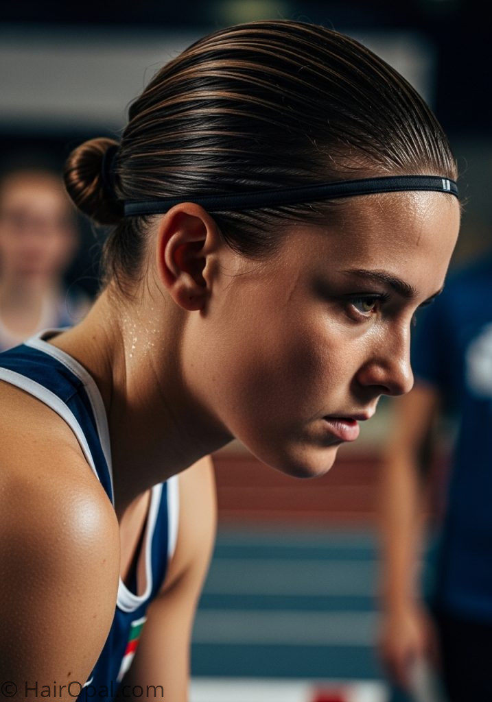 Young woman with short hair slick bun headband hairstyles sports short hair active short hair no braids