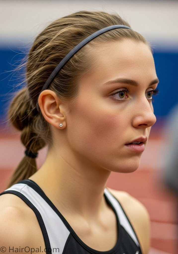 Young woman with thin hair low ponytail headband hairstyles sports active no braids ponytail
