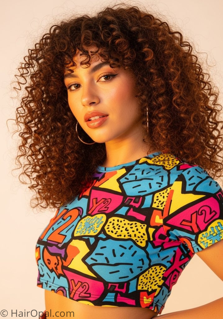 Y2K curly hair hairstyle with curly bangs