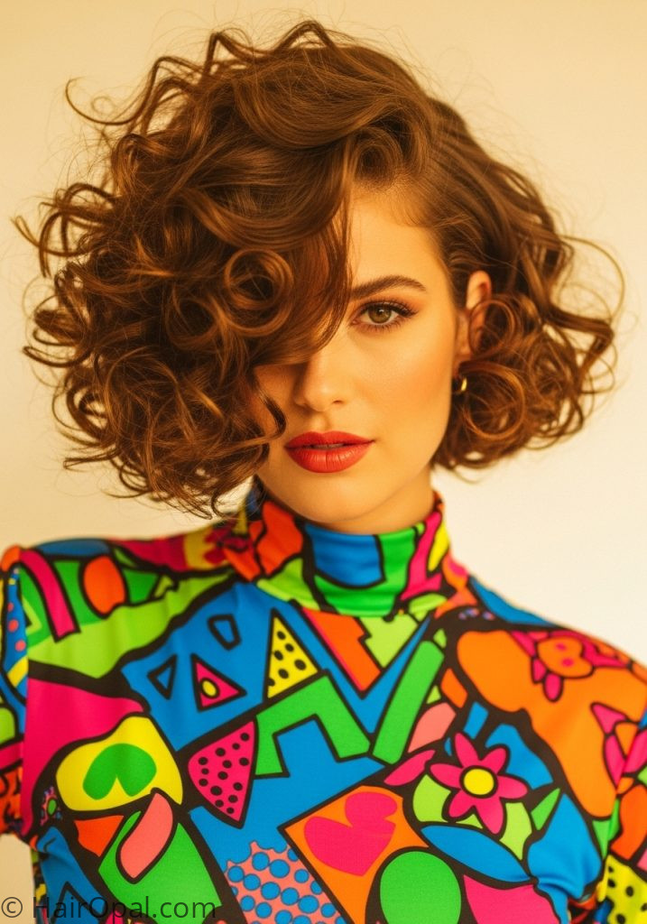 Y2K curly hair bob with deep side part short hairstyle