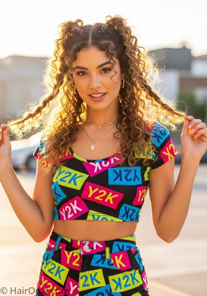 Y2K curly hair braided pigtails hairstyle natural texture