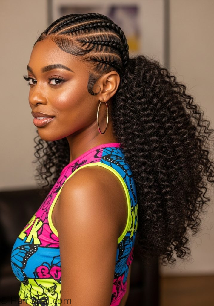 Y2K curly hair hairstyle with cornrow front and natural curls at back