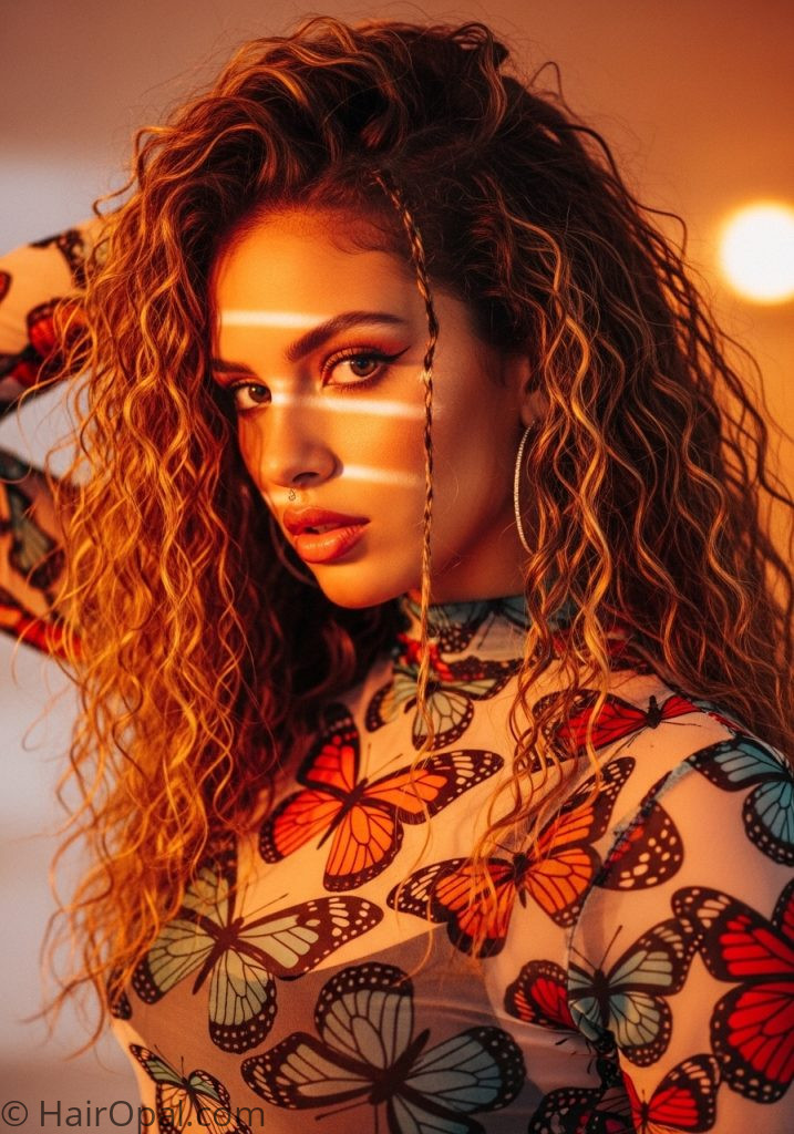 Y2K curly hair hairstyle with crimped ends long hair