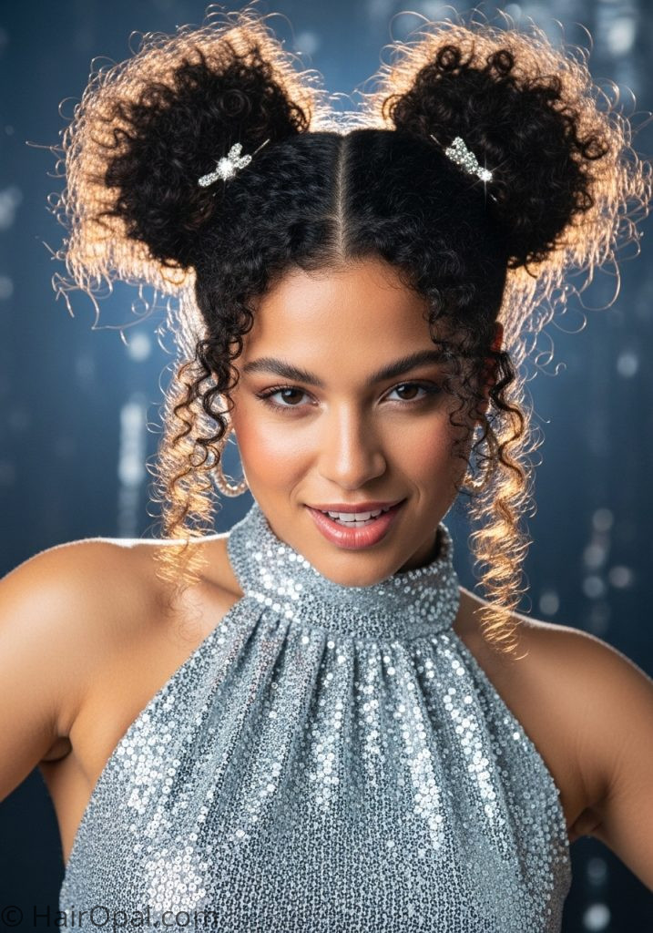Y2K curly hair double bun hairstyle with rhinestone pins