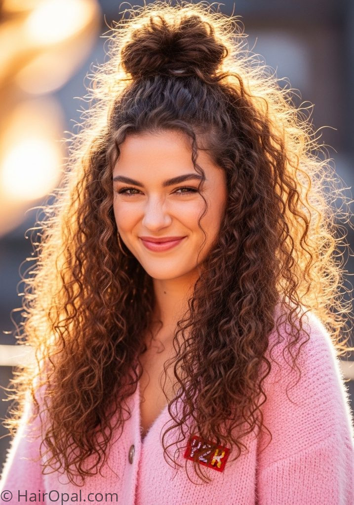 Y2K curly hair half up single space bun hairstyle