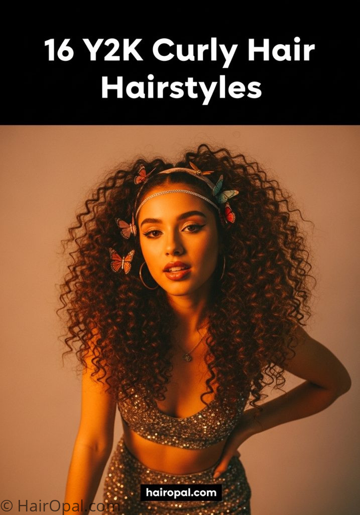 Woman with hairstyles y2k curly hair with butterfly clips and text 16 Y2K curly hair hairstyles