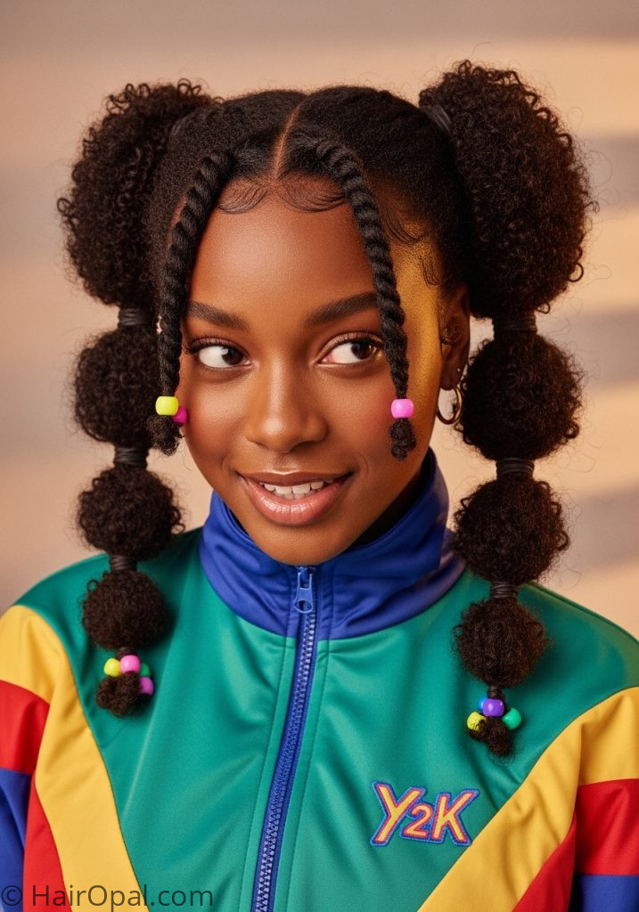 : Y2K natural curly hair low pigtail twists with beads