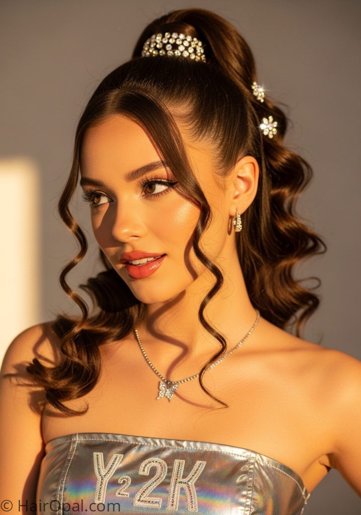 : Y2K curly hair high ponytail with curly face-framing tendrils