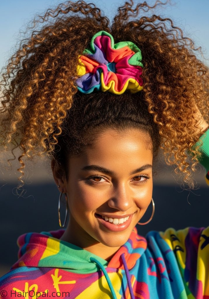 Y2K natural curly hair high ponytail with chunky colorful scrunchie