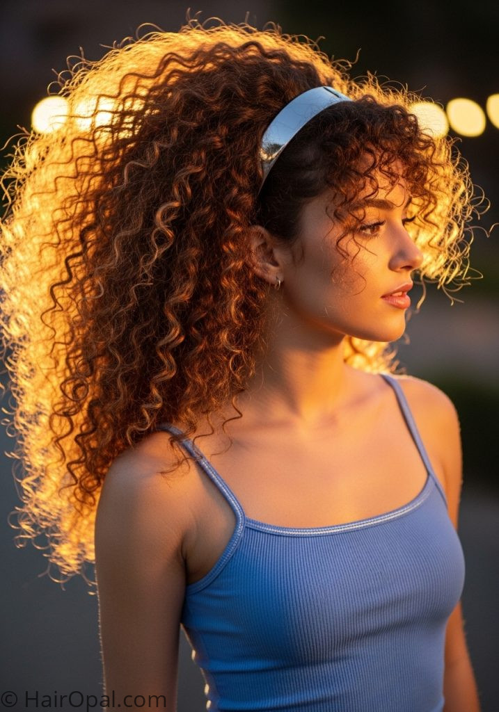 Y2K curly hair hairstyle with thin metallic headband side swept