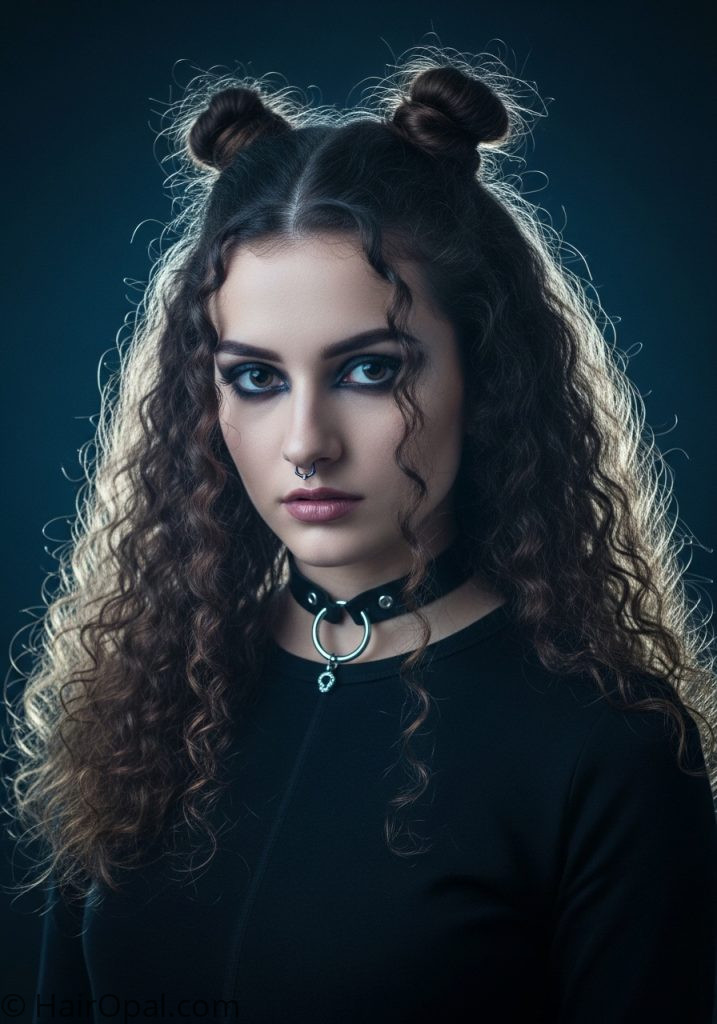 Y2K goth curly hair hairstyle dark aesthetic buns