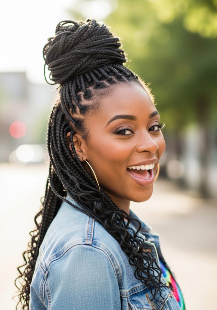  Woman with half up half down braids hairstyle, top bun with loose braids below