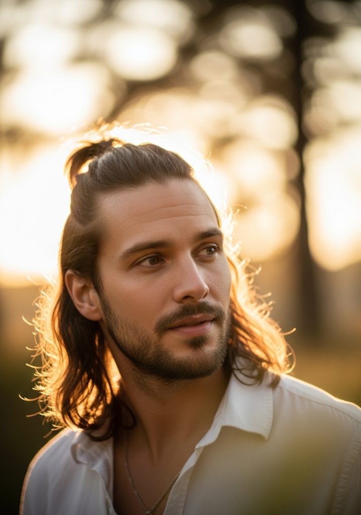 Man with half up half down gents long hair style, trendy men's look 2026 