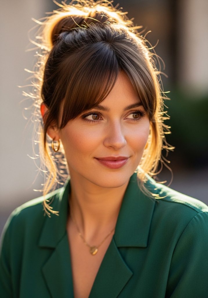 Woman with half up twisted updo hairstyle with curtain bangs, romantic and soft look