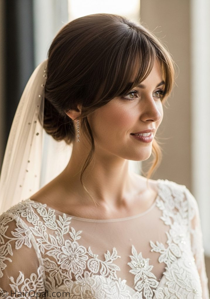 Bride with bangs half up wedding hairstyles half up half down short hair shoulder length with veil bangs
