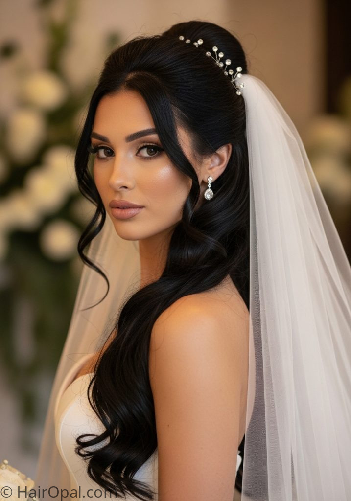  Bride with black hair half up wedding hairstyles with veil black hair