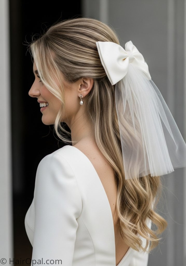 Bride with bow veil half up wedding hairstyles half up half down bow veil