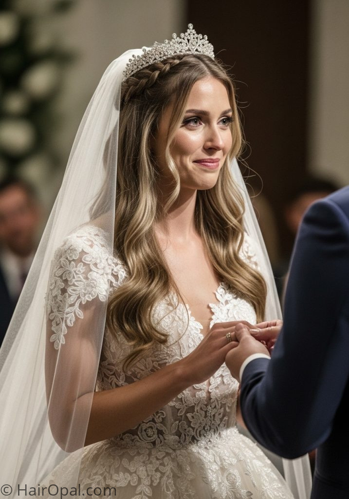 Bride with braid tiara crown half up wedding hairstyles with veil and tiara crown