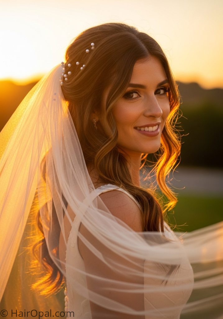 Bride with brown hair half up wedding hairstyles with veil brown hair