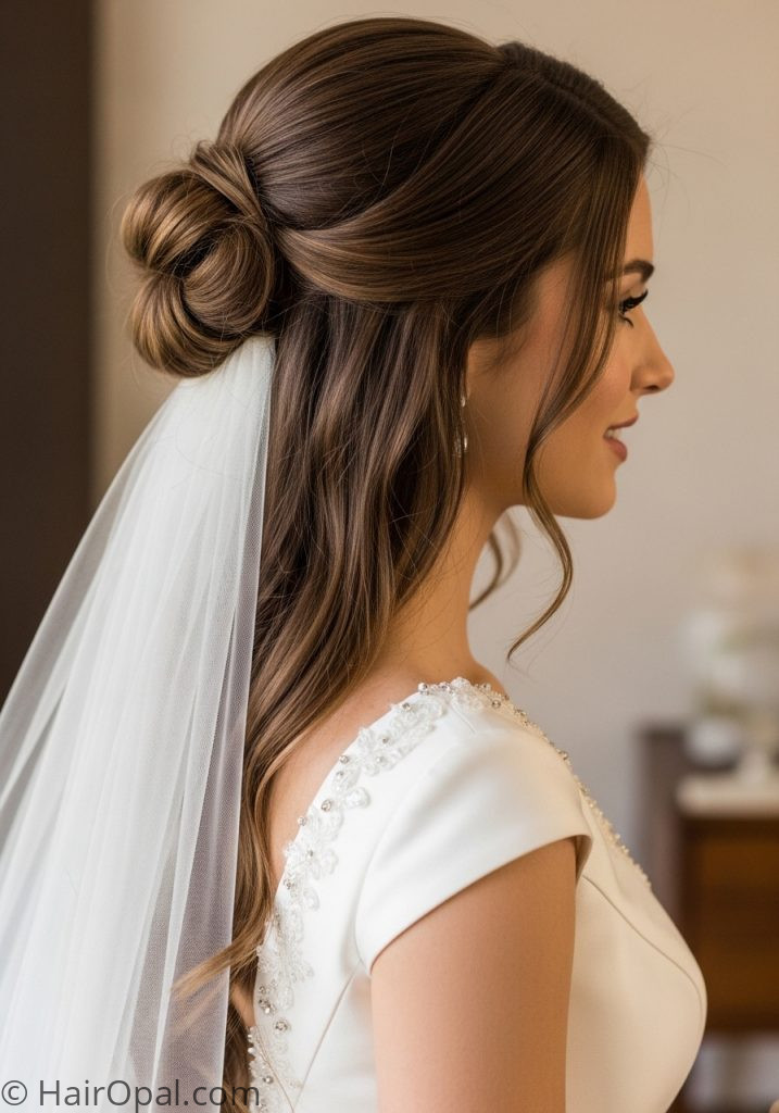Bride with chignon half up wedding hairstyles half up half down and veil brown hair