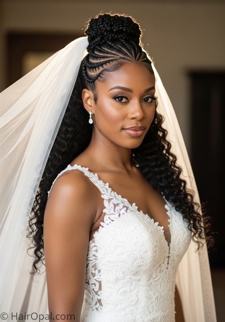 Black bride with cornrow detail half up wedding hairstyles with veil black hair