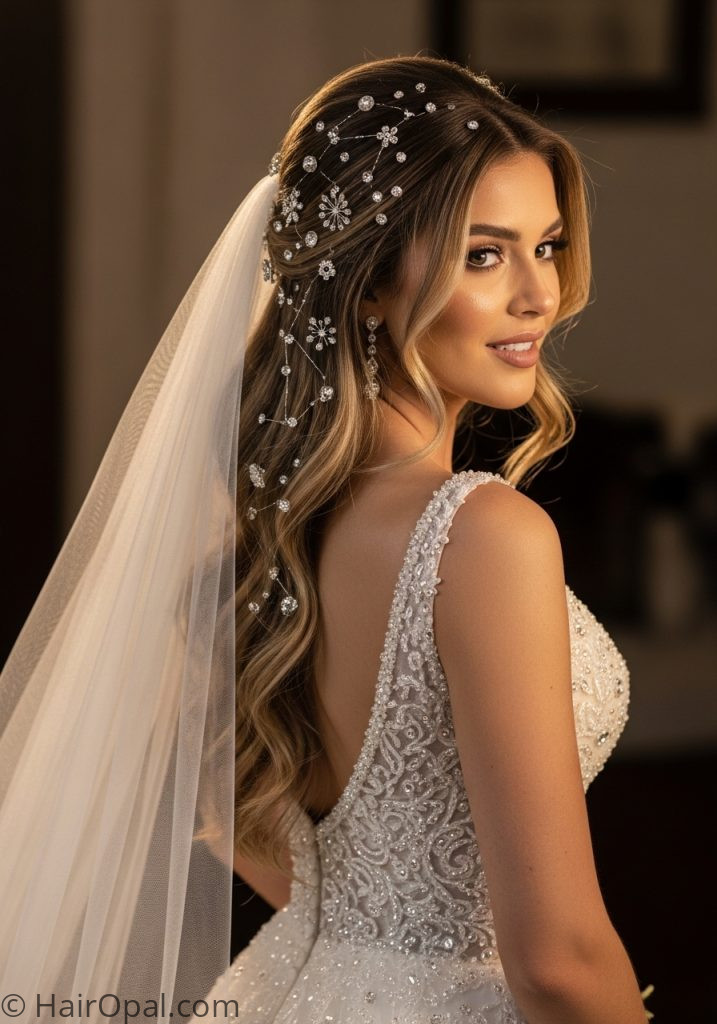  Bride with crystal pins half up wedding hairstyles half up half down with veil brown hair