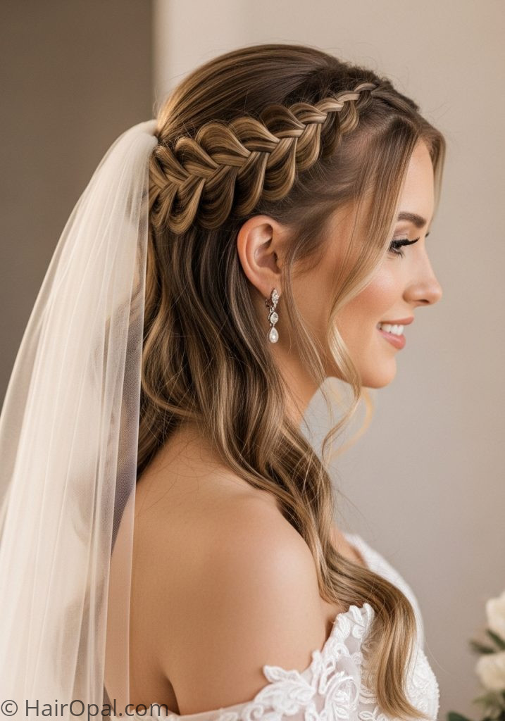Bride with Dutch braid half up wedding hairstyles half up half down braid with veil