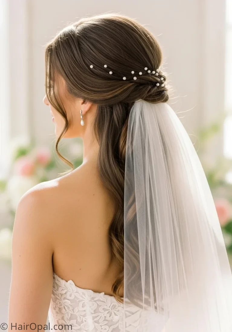 half up wedding hairstyles with veil bride with brown hair loose curls pearl pins