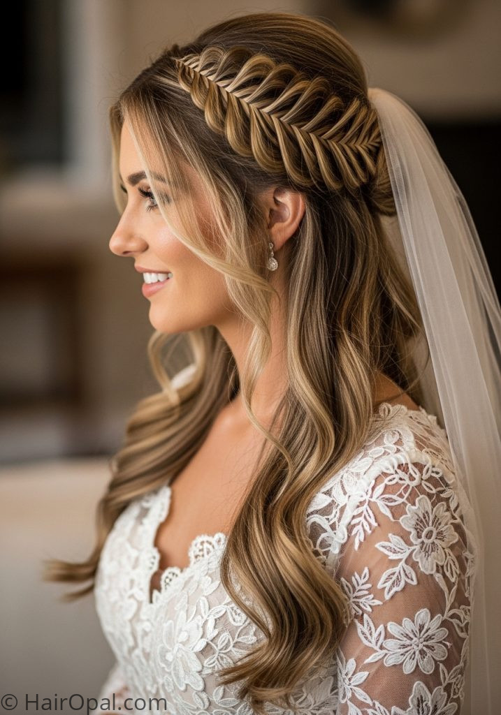 Bride with fishtail braid half up wedding hairstyles half up half down braid with veil