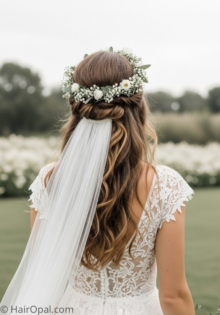 Bride with flower crown half up wedding hairstyles half up half down with veil
