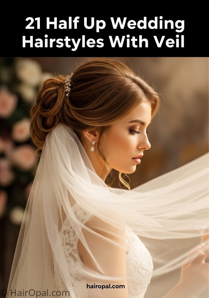 with half up wedding hairstyle with veil with text 21 half up wedding hairstyles with veil