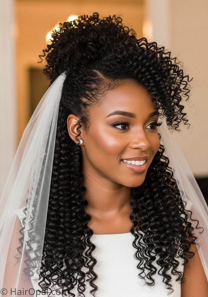 Black bride with natural hair half up wedding hairstyles with veil