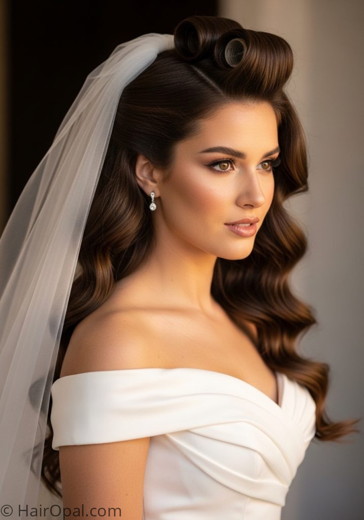 Bride with romantic curls half up wedding hairstyles half up half down and veil brown hair