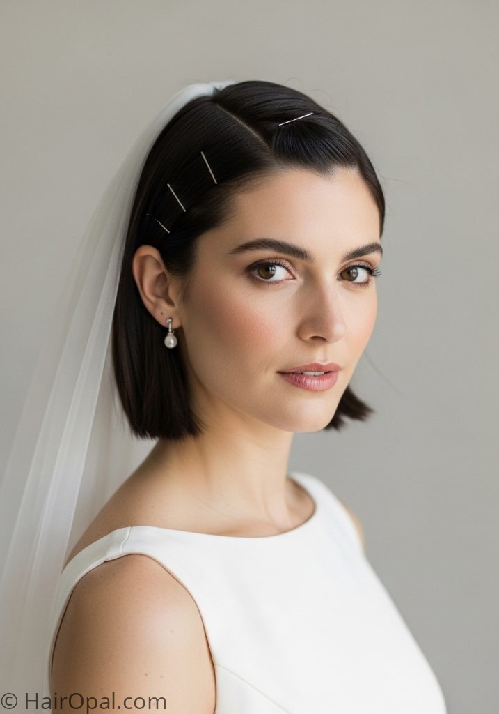 Bride with short shoulder length hair half up wedding hairstyles half up half down short hair shoulder length with veil simple