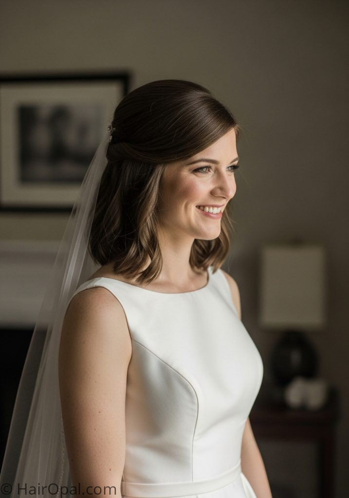 Bride with shoulder length hair simple half up wedding hairstyles half up half down short hair shoulder length with veil simple