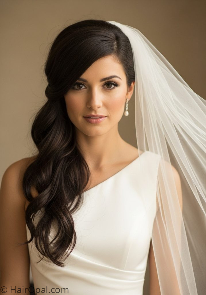  Bride with side swept half up wedding hairstyles half up half down with veil brown hair