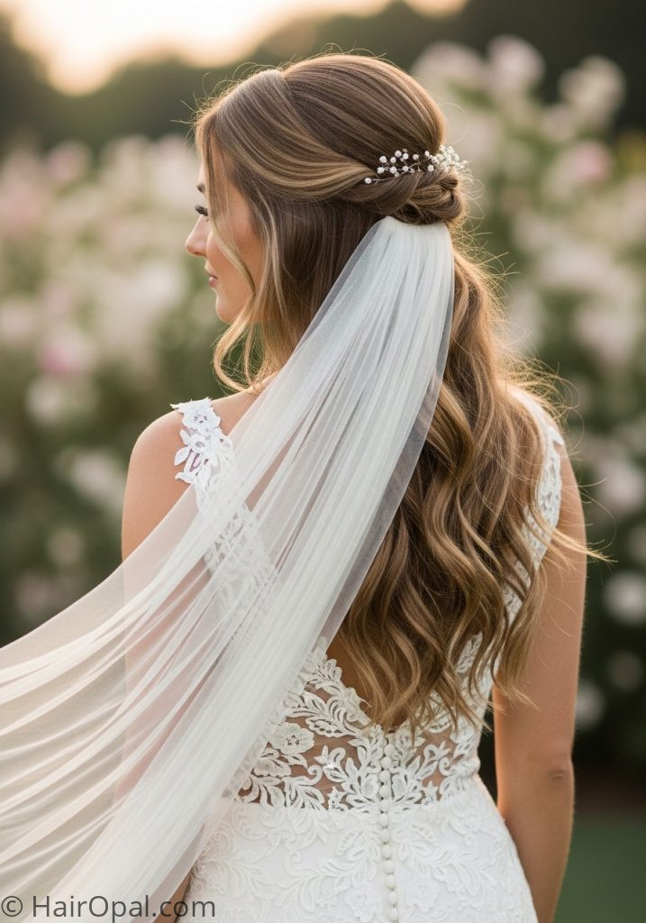 Bride with soft waves half up wedding hairstyle with long veil brown hair