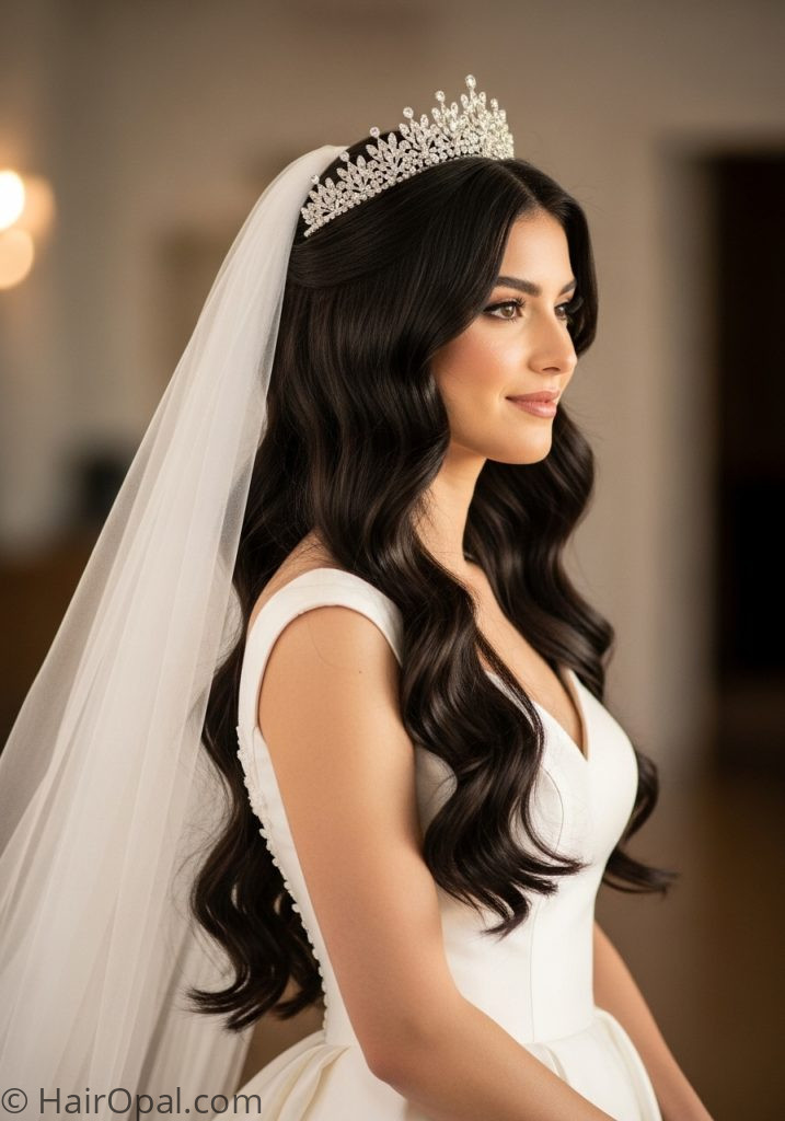 Bride with tiara half up wedding hairstyles with veil and tiara